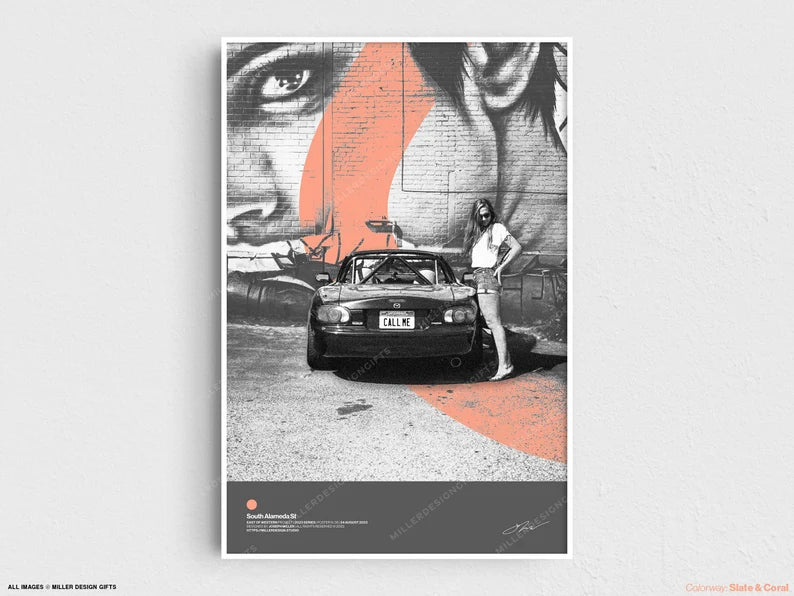 Mazda MX5 Miata NB | East of Western Project Poster No. 6 - South Alameda St | Original Wall Art Poster | Mid-Century Modern Decor