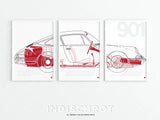 Porsche 911 901 Set of 3 Prints Cutaway Blueprint Original Wall Art Poster Fathers Day Gift Birthday Andy Warhol Classic Car Air Cooled