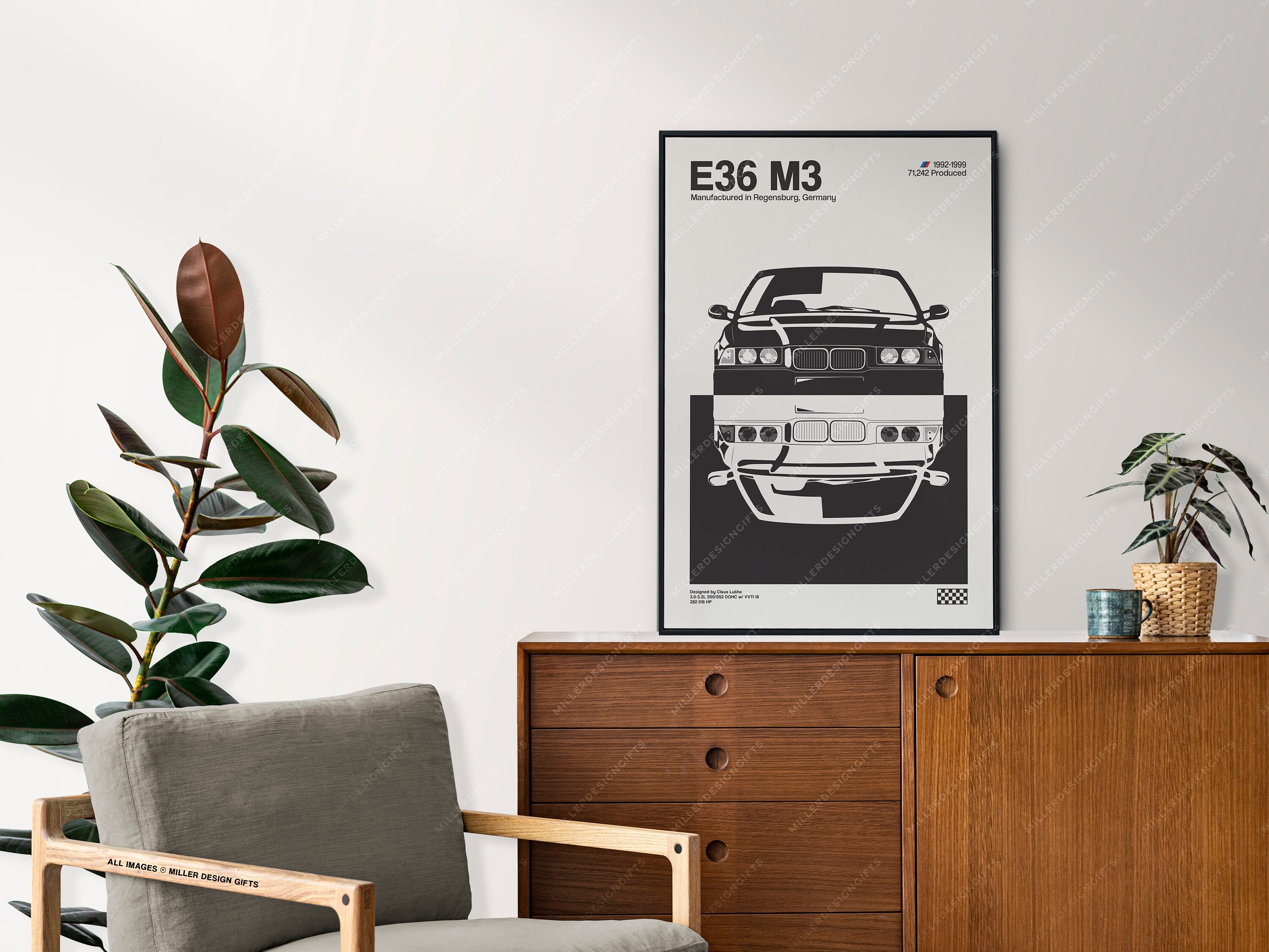 BMW E36 M3 Print - Original Wall Art Poster Decor - Midcentury Modern