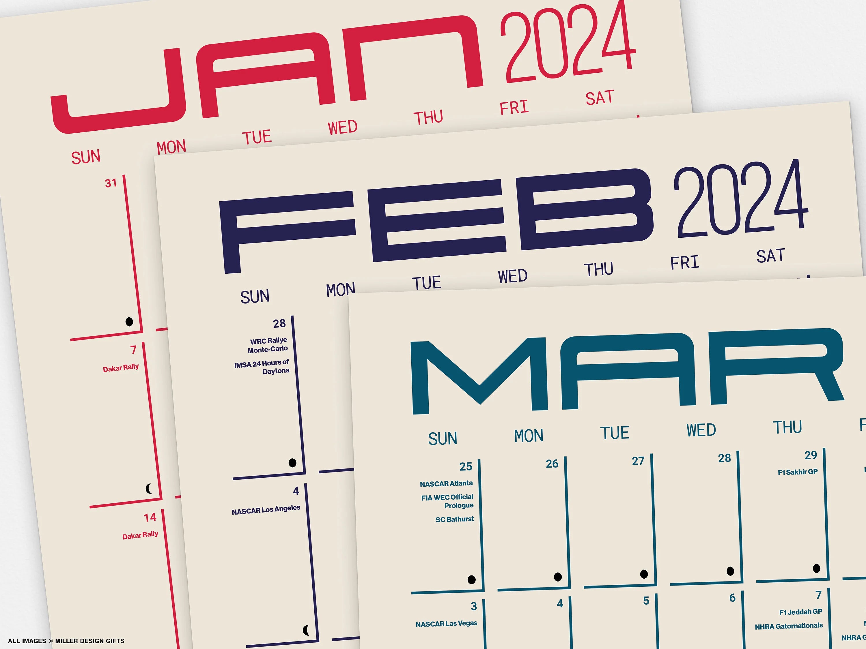 2024 Motorsports Racing Calendar - Colorful Unique Minimal Wall Calendar